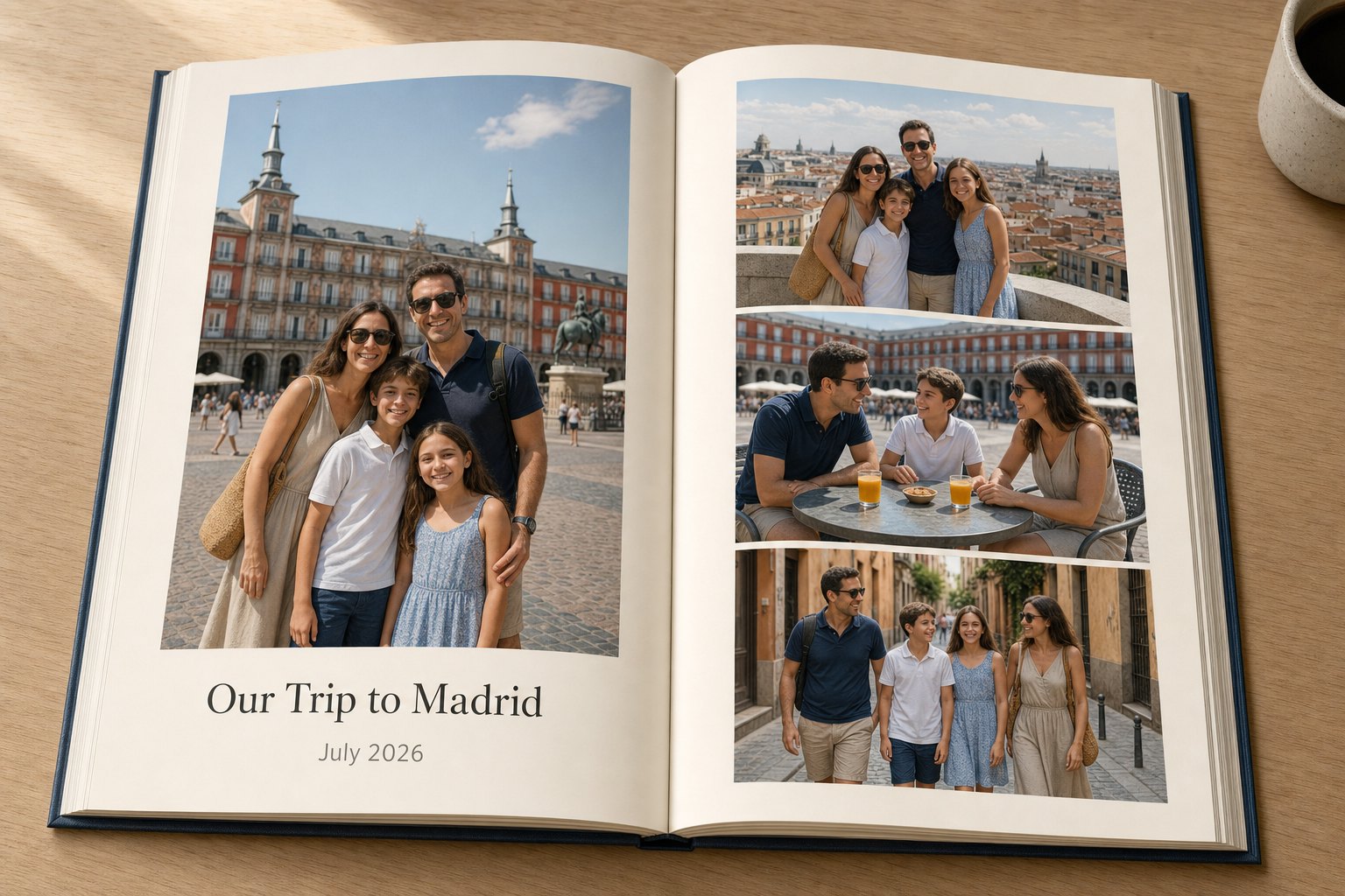 Un livre Pictomemo ouvert avec des photos de famille sur ses pages