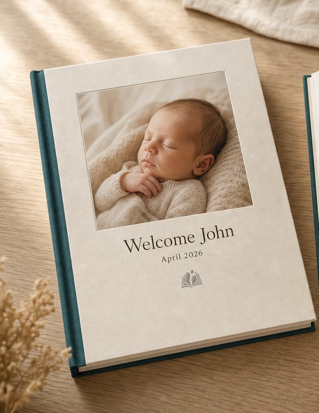 كتاب مولود بقياس A4 بعنوان Welcome John على طاولة من البلوط